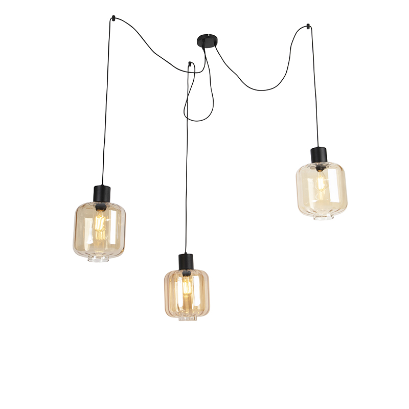 QAZQA Designerska lampa wisząca czarna szkło bursztynowe 3-źródła światła 226cm - Qara