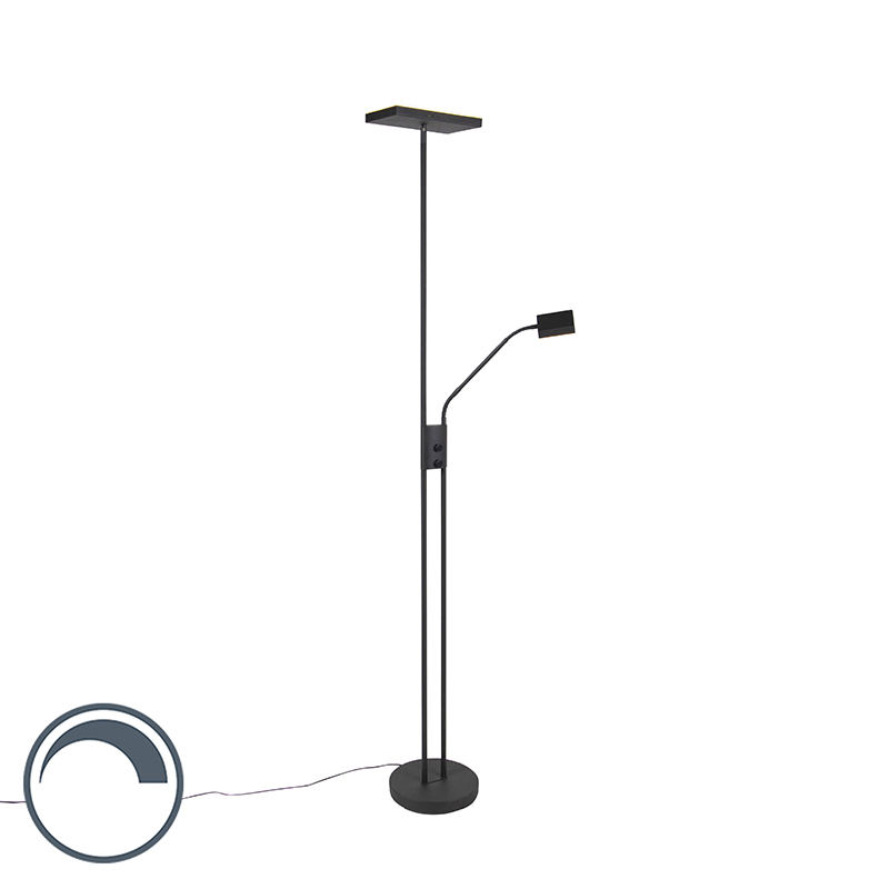 QAZQA Nowoczesna lampa podłogowa czarna z ramieniem do czytania zawiera LED ściemnialna - Jazzy