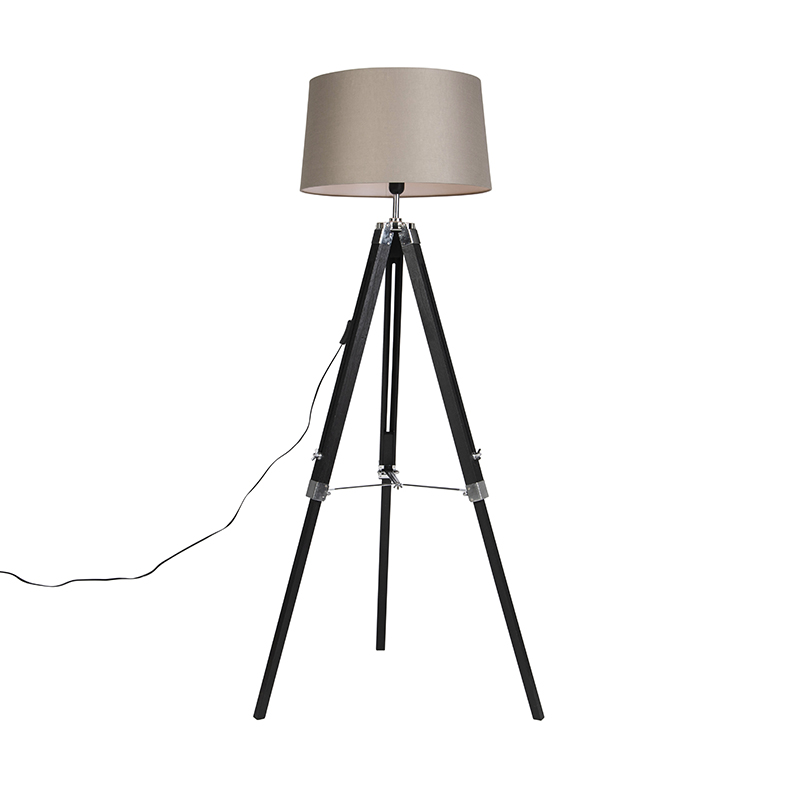 QAZQA Lampa podłogowa czarna klosz lniany szarobrązowy 45cm - Tripod
