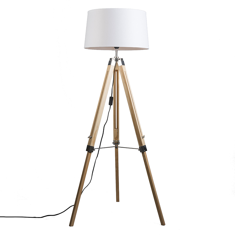 QAZQA Lampa podłogowa drewno klosz lniany biały 45cm - Tripod
