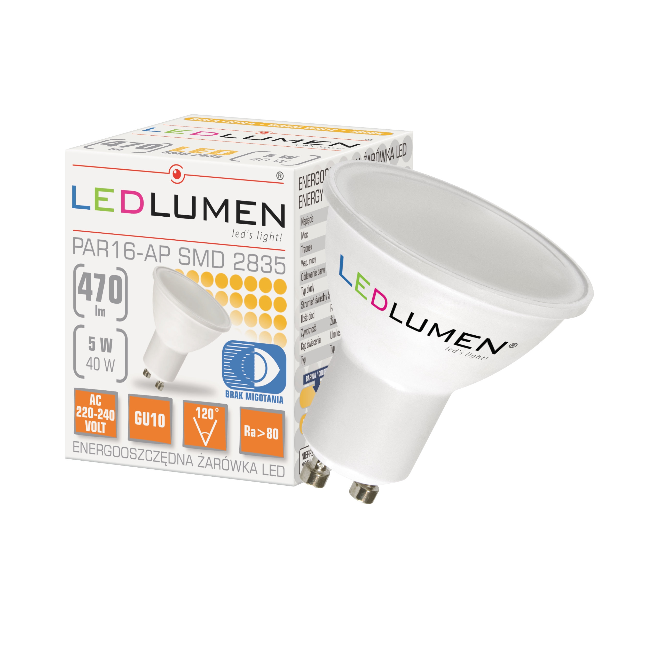 Żarówka LED PAR16-AP GU10 5W 2835 LED biała ciepła