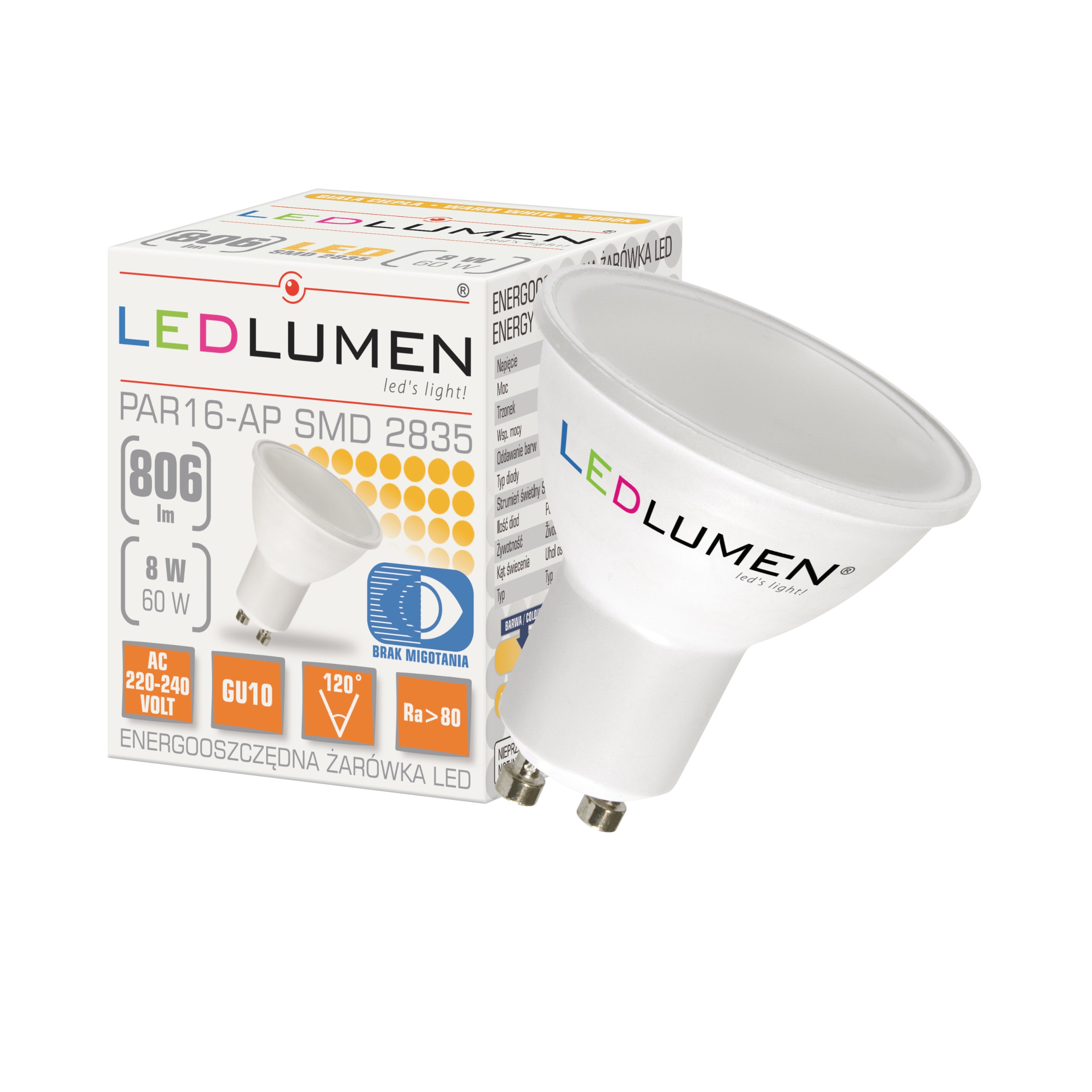Żarówka LED PAR16-AP GU10 8W 2835 LED biała ciepła