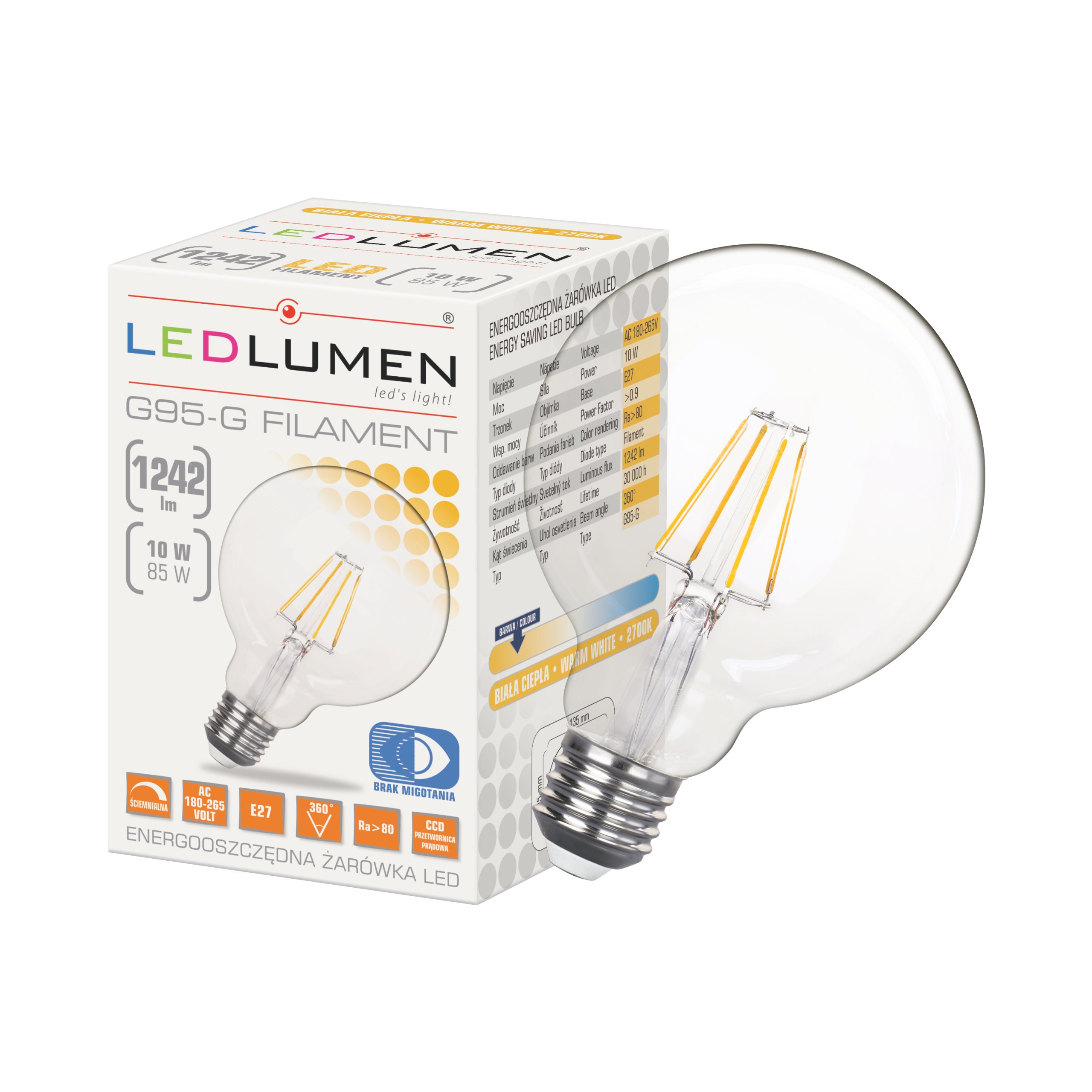 Żarówka LED G95-G E27 230V 10W  FILAMENT CCD 1242lm DIM biała ciepła