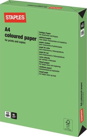 Staples STAPLES Papier kolorowy INTENSIVE COLOURS A4 80G, zielony/deep green, ryza 500 arkuszy