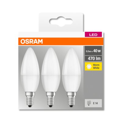 Osram BASE Classic B żarówka świeczka LED E14 / 5,7W - zamiennik dla żarówek o mocy 40 W, kolor: matowy, ciepła biel (2700 K), opakowanie promocyjne (3 szt.) 4052899955509
