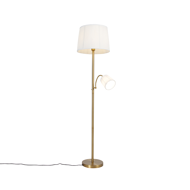 QAZQA Klasyczna lampa podłogowa brąz abażur z tkaniny biały z lampką do czytania - Retro