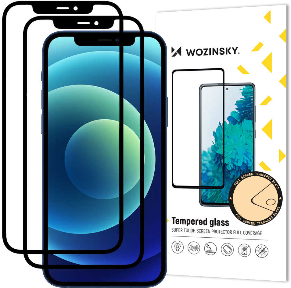 Wozinsky zestwaw 2x super wytrzymałe szkło hartowane Full Glue na cały ekran z ramką Case Friendly iPhone 12 Pro / iPhone 12 czarny