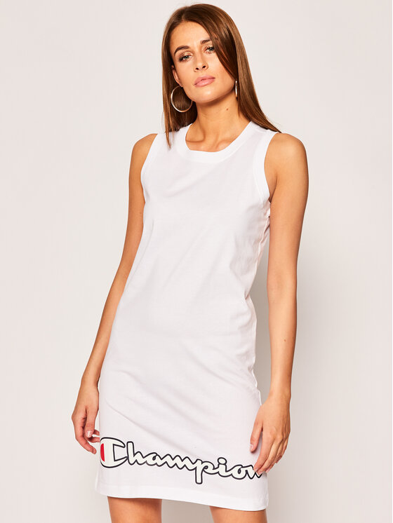 Champion Sukienka codzienna Script Logo Ribbed Trim 112657 Biały Regular Fit