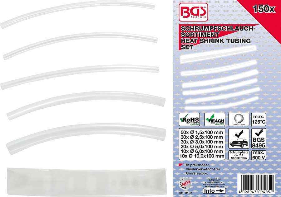 Bgs Technic Rękawy termokurczliwe przeźroczyste, 150 szt. B.9405