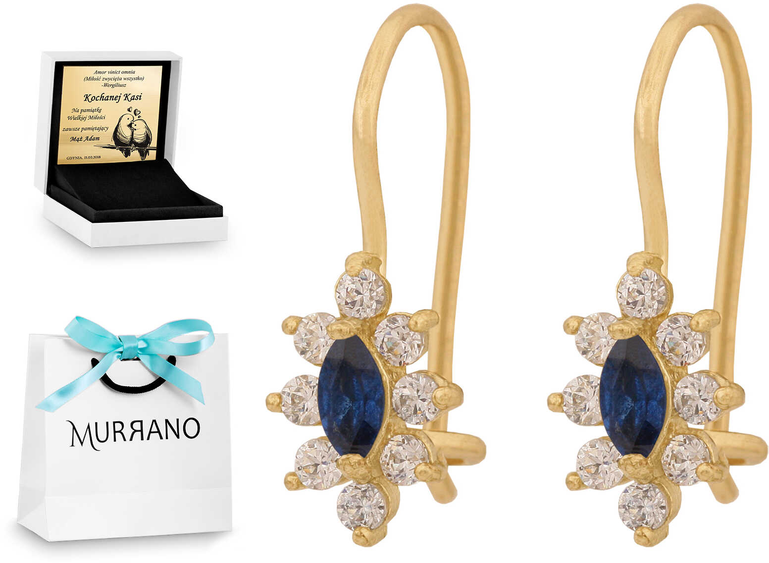 Złote kolczyki 585 wiszące prezent grawer pudełko