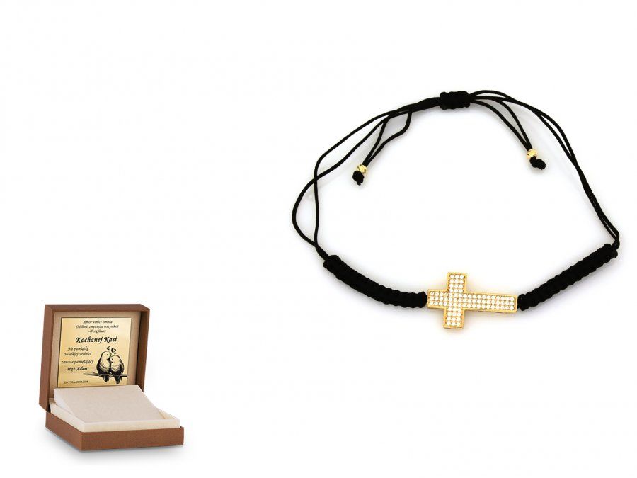 Złota bransoletka 585 na sznurku krzyżyk prezent