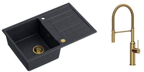 Quadron Zlewozmywak granitowy jednokomorowy 78*50*22 cm z ociekaczem MORGAN 111 BLACK DIAMOND ze złotym odpływem z baterią MARILYN Q LINE z wyciąganą wylewką kolor złoty