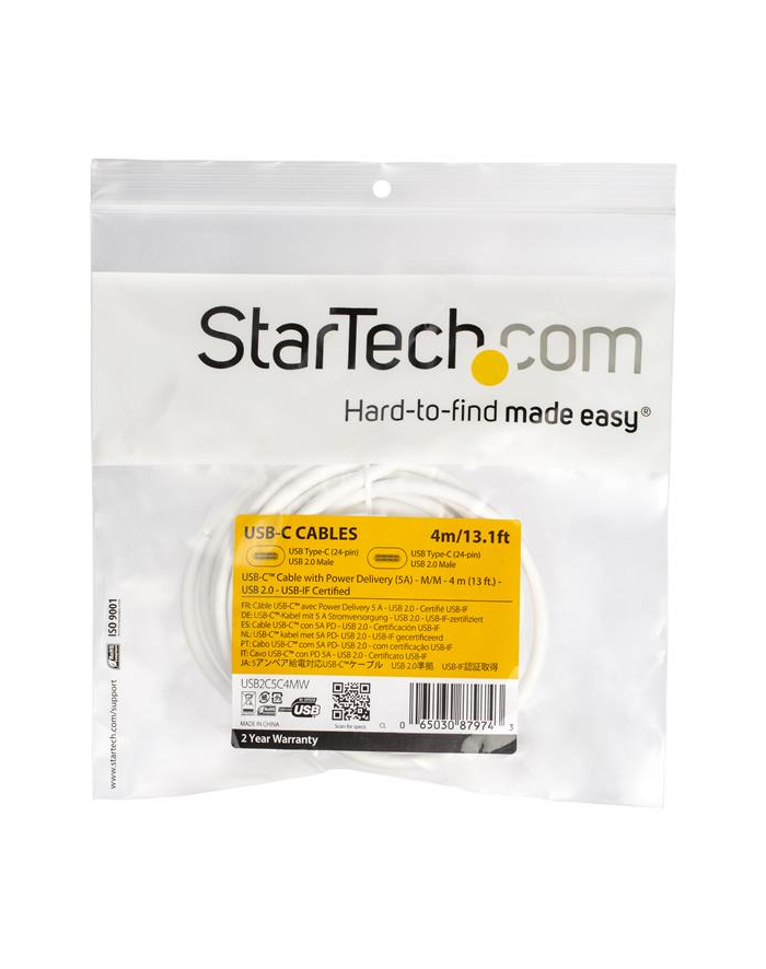 Startech.com 4m 13ft USB C to USB C Cable 5A PD - USB 2.0 USB-IF Certified - USB-C cable - 4 m (USB2C5C4MW)