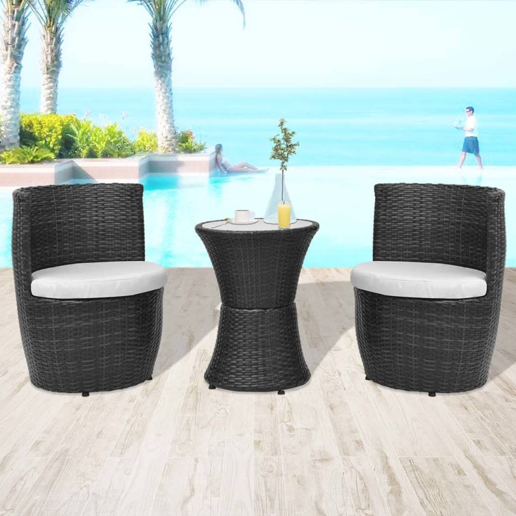 VidaXL 3-cz. zestaw mebli bistro z poduszkami, rattan PE, czarny