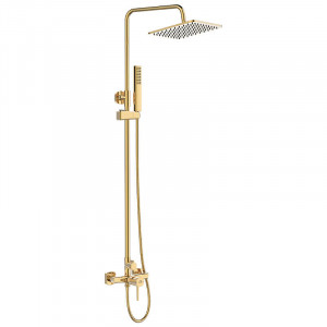 LAVEO PLA G0KX Kolumna natryskowa z baterią Długość drążka: 825-1270 mm Wysokość: 940-1385 mm Szerokość: 200 mm Głębokość: 430 mm Wymiar słuchawki: 210x37mm Długość węża: 1500 mm Wykończenie: złote