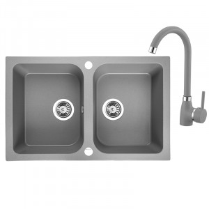 LAVEO SBCE520T Zlewozmywak granitowy 2 komory bez ociekacza Wymiary: 480x760x184 mm Wykończenie: szare W zestawie z syfonem Space Saving i korkiem automatycznym oraz baterią z wylewką U