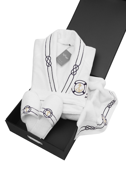 Soft Cotton Męski szlafrok MARINE MAN w ozdobnym opakowaniu + ręcznik + kapcie Biały L + kapcie (42/44) + ręcznik + box 20351set