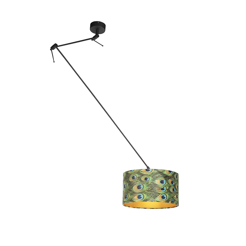 QAZQA Lampa wisząca regulowana czarna klosz welurowy pawie oczka 35cm - Blitz I