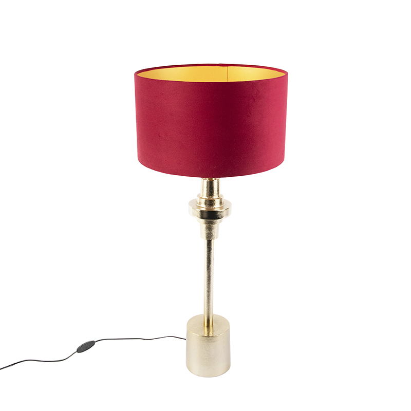 QAZQA Lampa stołowa art deco złota klosz welurowy czerwony 35cm - Diverso