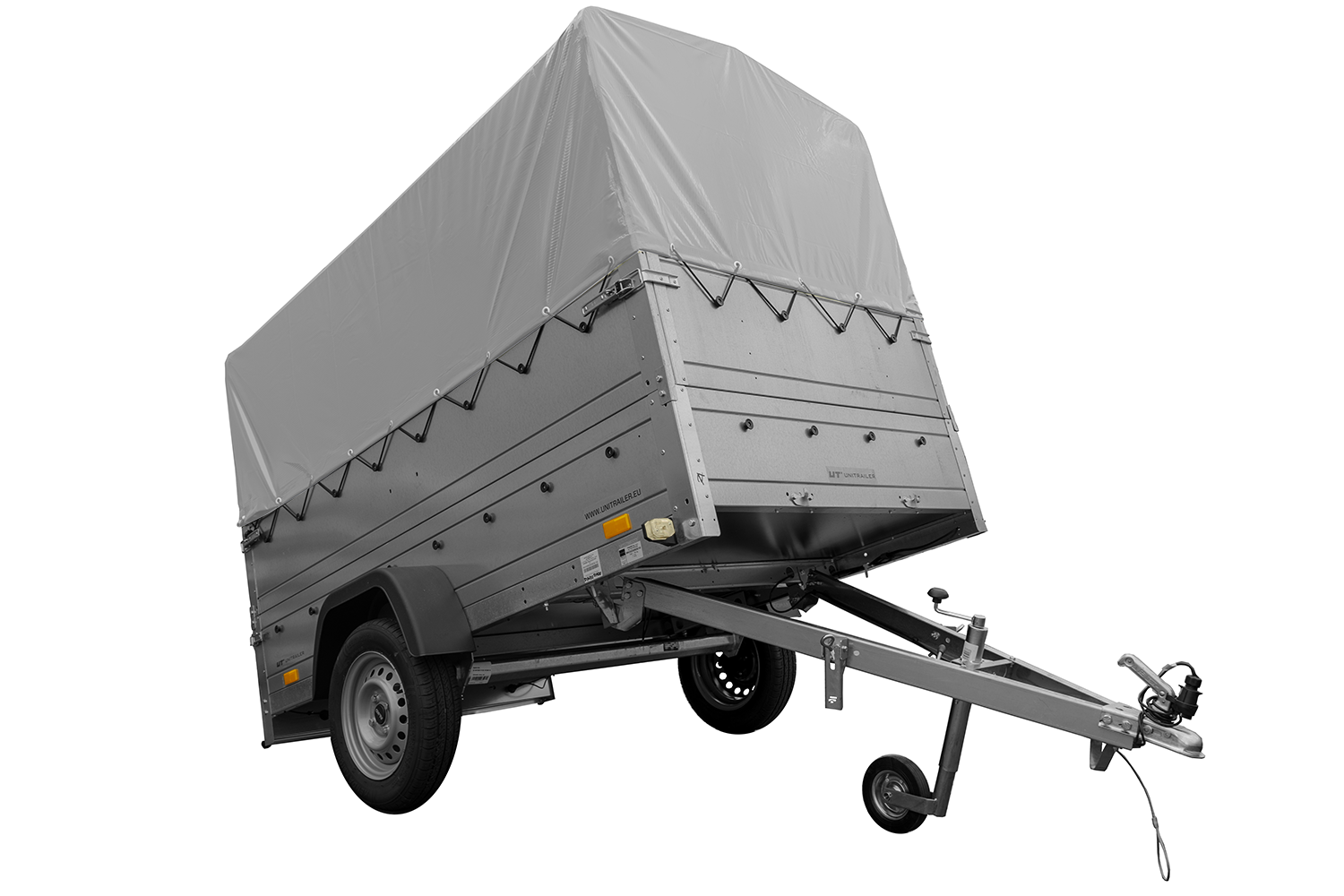 UNITRAILER Przyczepa GARDEN TRAILER 230 KIPP (NEW) z kołem podporowym, burtami bis i stelażem H-800 z pokrowcem szarym UT004189