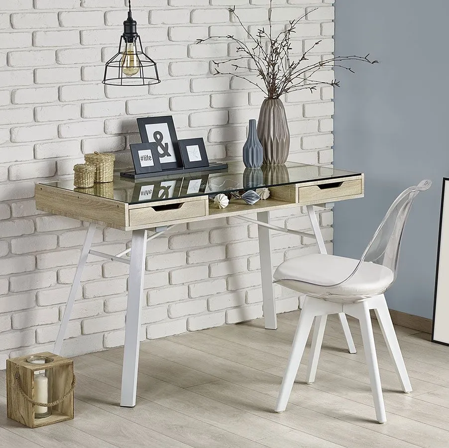 Elior Biurko szklane białe + dąb sonoma F9-C54