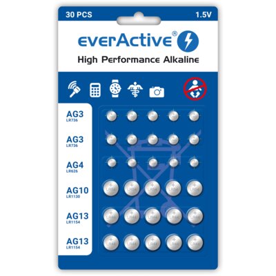 EverActive zestaw 30 sztuk baterii alkalicznych mini 10 x G3 LR41 5 x G4 LR626 5 x G10 LR1130 10 x G13 LR1154 AGMIX30BL