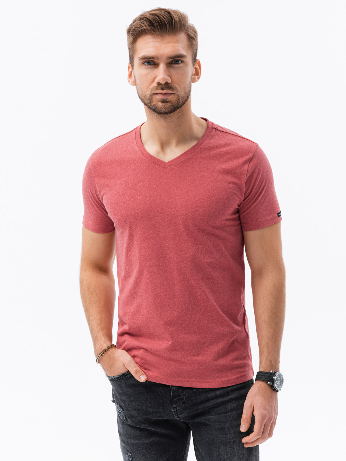 Klasyczna męska koszulka z dekoltem w serek BASIC - czerwony melanż V17 S1369