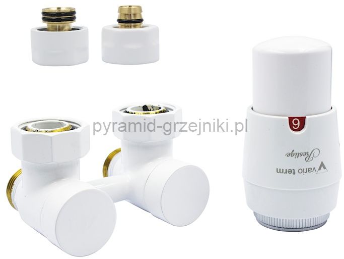 Varioterm Zawór odcinający kątowy Premium Exclusive ze złączką PEX/CU i z głowicą termo - biały PEX - alu-pex PREGS0206C/FK(PEX)