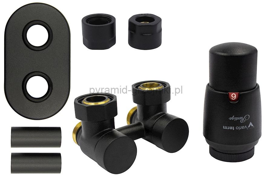 Varioterm Zawór odcinający kątowy Premium Exclusive All In One z głowicą termo - czarny strukturalny CU - instalacja miedziana APREGS0214C/FK(Cu)