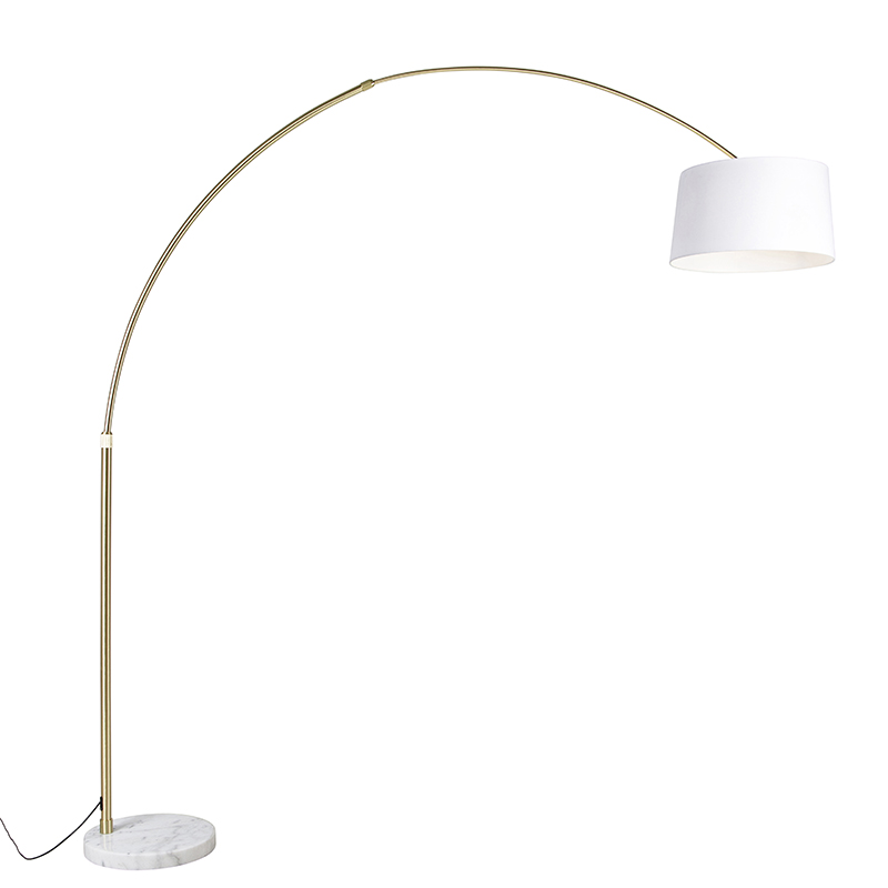 QAZQA Mosiężna lampa łukowa z białym abażurem z białej tkaniny 50 cm - XXL