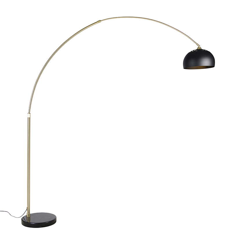 QAZQA Lampa podłogowa łuk złota podstawa marmurowa czarna klosz czarny 33cm - XXL
