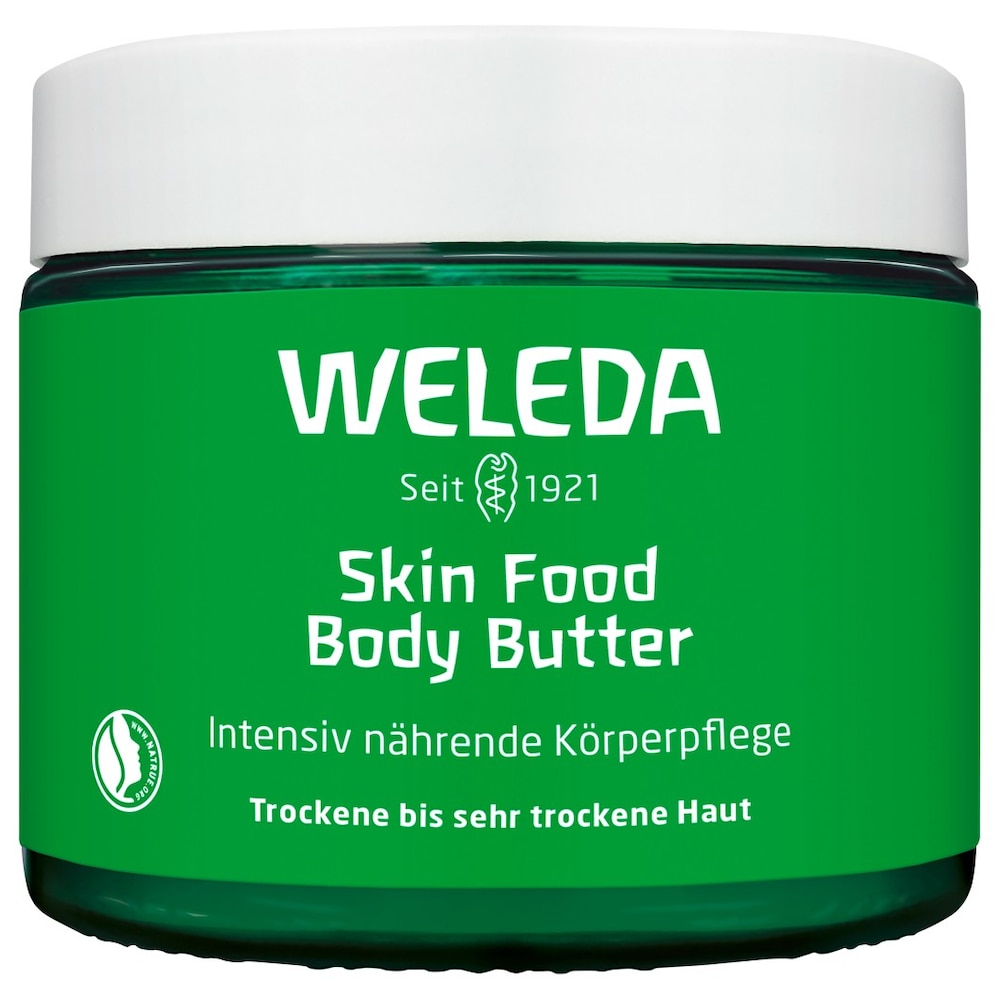 WELEDA Skin Food masło do ciała, wegańska pielęgnacja ciała w nowym szklanym pojemniku, bogaty, naturalny kosmetyk, nawilżający z masłem shea i kakaowym do suchej skóry (1 x 150 ml)