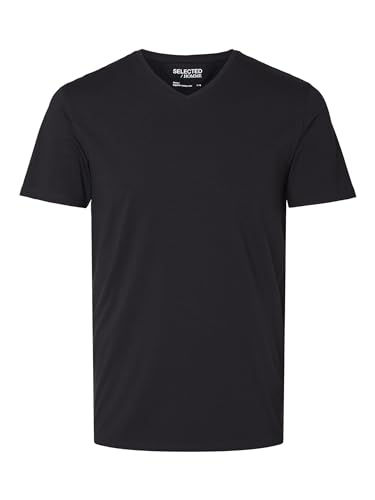 SLHNEWPIMA koszulka męska Selected z dekoltem w serek, jednokolorowa, basic, z krótkim rękawem, rozciągliwa bawełna, czarny (BlackBlackBlack)., M