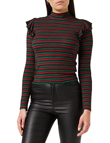 Urban Classics Damska koszulka z długim rękawem w paski z falbankami i dekoltem w serek, wielokolorowy (Green/Black/Firered 01315), XS