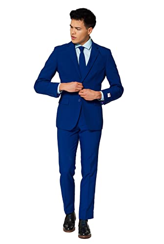 OppoSuits Męski garnitur na imprezę w jednolitym kolorze Navy Royale – pełny komplet: zawiera spodnie, marynarkę i krawat, 42, Navy Royale, 52 EU