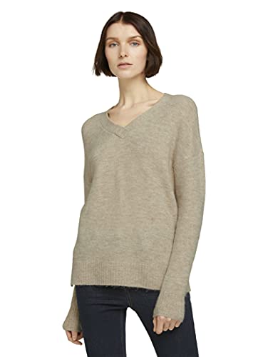 TOM TAILOR Denim sweter damski z dekoltem w serek, 24540 – Cozy Beige Melange, XS