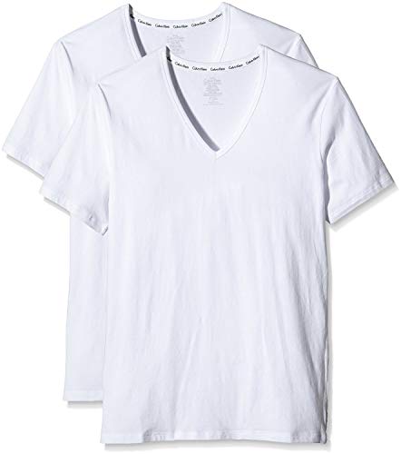 Calvin Klein Męski T-shirt z krótkim rękawem, dekolt w serek, biały, M