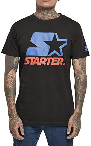 STARTER BLACK LABEL Męski T-shirt z nadrukiem z przodu i na rękawach, naszywka z logo na obszyciu, sportowy okrągły dekolt, dostępny w kolorze czarnym i białym, rozmiar S do XXL, czarny, S