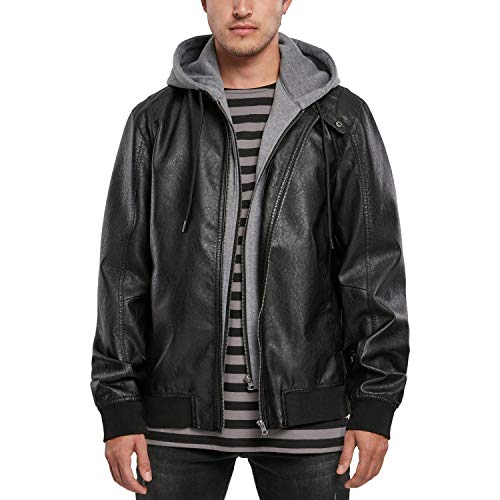 Urban Classics Męska kurtka polarowa z kapturem Fake Leather Jacket, czarny/szary, S