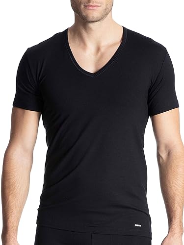 CALIDA Męski T-shirt z bawełny, z dekoltem w kształcie, czarny, 50 PL