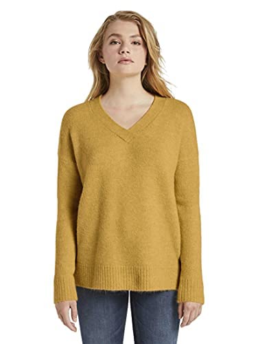 TOM TAILOR Denim sweter damski z dekoltem w serek, 24674 - Indian Spice Yellow Melange, S