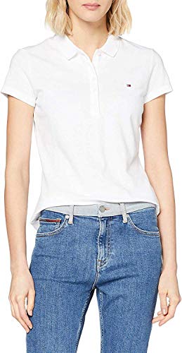 Tommy Hilfiger - Heritage damska koszulka polo - kołnierz zapinany na guziki - bawełna rozciągliwa - haftowane logo Tommy Hilfiger - Midnight, Biały (klasyczny biały), 38