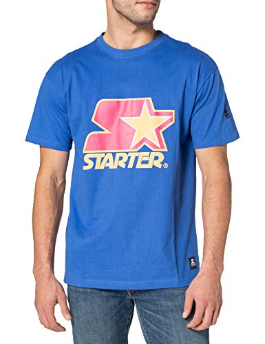 STARTER BLACK LABEL Męski T-shirt z nadrukiem z przodu i na rękawach, naszywka logo na brzegu, sportowy okrągły dekolt, trójkolorowy nadruk, wiele kolorów, rozmiar XS do XXL, Blue/Red/Yellow, XL