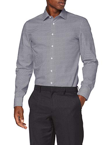 Seidensticker Męska koszula biznesowa - bez prasowania, wąska koszula - Slim Fit - długi rękaw - kołnierz Kent - 100% bawełna, granatowy, 44 PL