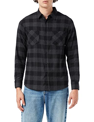 Urban Classics Męska koszula flanelowa w kratkę, z długim rękawem, górna część dla mężczyzn z kieszeniami na piersi, dostępna w wielu wariantach kolorystycznych, rozmiary XS-5XL, Blk/Cha, 4XL