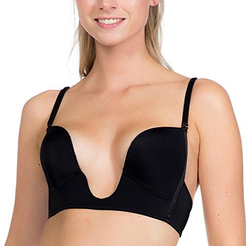 MAGIC BODYFASHION V-Bra biustonosz damski typu push-up, wygodny, miękki, regulowany i wymienny biustonosz, wygodny i przyjazny dla skóry materiał, głęboki dekolt, czarny, 75B