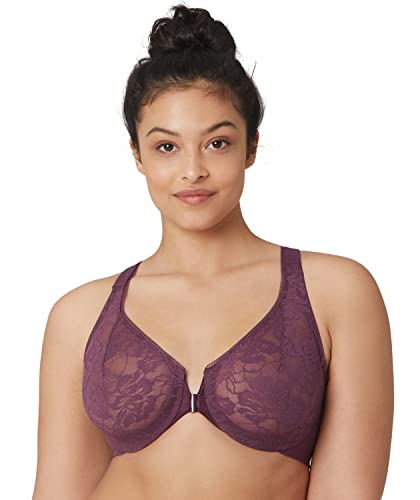 Glamorise Pełna figura Plus Size Lacey T-Back Front Close Wonderwire Biustonosz z fiszbinami #9246 Black Plum