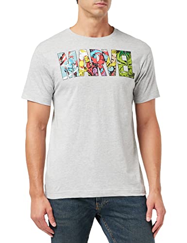 Marvel Męski T-shirt z logo z komiksowym paskiem, jasnoszary, XL