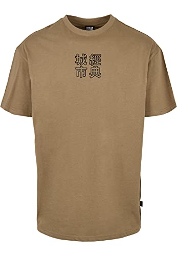 Urban Classics Męski T-shirt z chińskim napisem na przodzie i plecach, chiński symbol herbaty, górna część dla mężczyzn dostępna w 2 kolorach, rozmiary S – 5XL, khaki/czarny., L