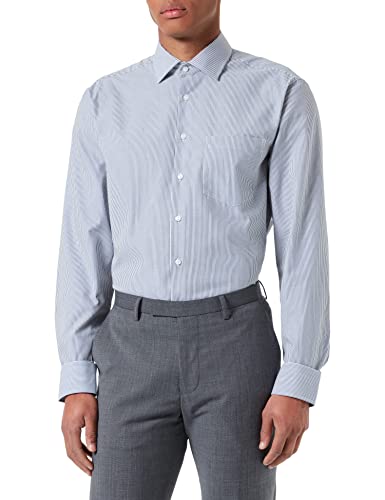 Jedwabna koszula męska biznesowa – koszula bez konieczności prasowania z prostym krojem – Regular Fit – długi rękaw – kołnierzyk Kent – paski – kieszeń na piersi – 100% bawełna